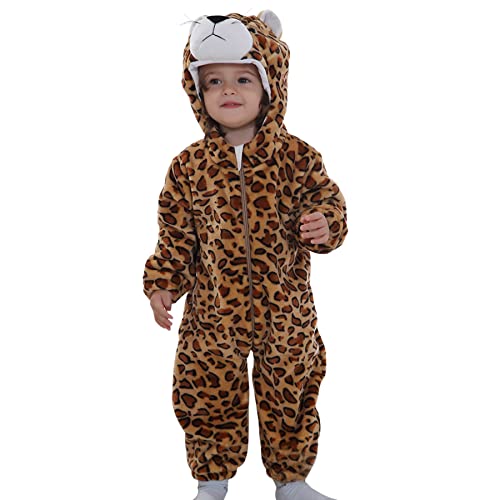 Doladola Unisex Baby Strampler mit Kapuze Kinder kostüm Tier für Karneval Baby Jumpsuit für Jungen Mädchen (0-3 Monate,Leopard)