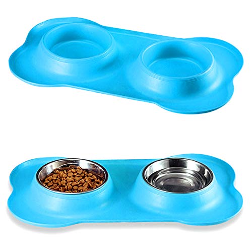 Nicoone Doppelte Hundenäpfe Tiernahrungsschale aus Edelstahl mit Rutschfester Silikonmatte für Katzenhunde- Blau