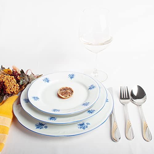 18 weiße Porzellan-Teller mit blauer Blume - 6 große flache Teller, 6 tiefe Teller, 6 kleine Dessertteller | Lubeck Blue