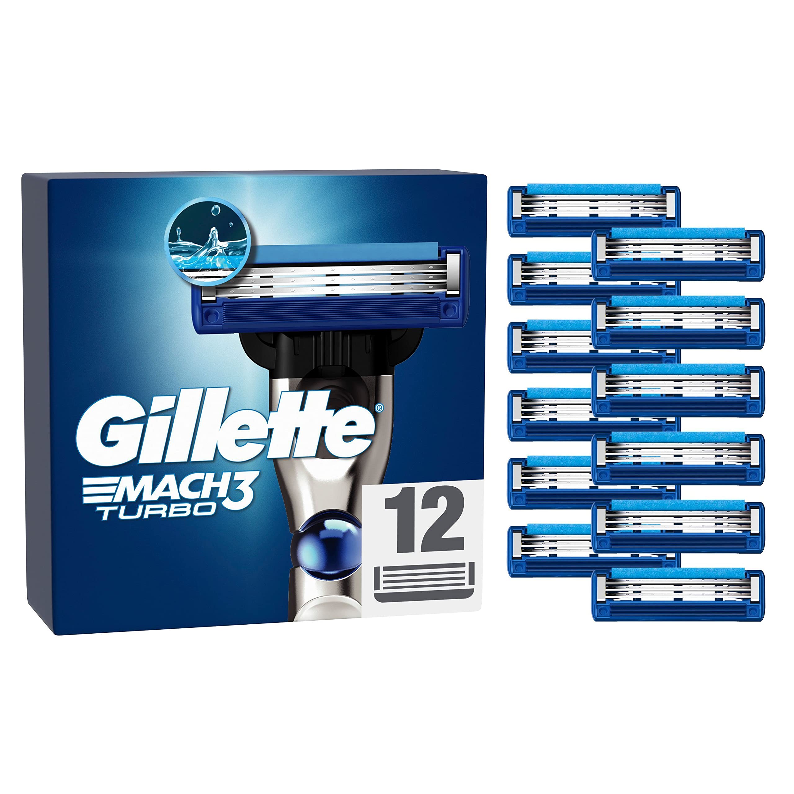 Gillette Mach3 Turbo Rasierklingen für Rasierer, 12 Ersatzklingen für Nassrasierer Herren mit 3-fach Klinge