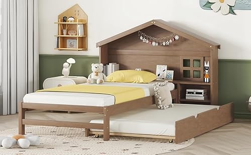 Idemon 90 * 200cm hausförmiges Kinderbett, flaches Bett, kleine Fensterdekoration, Glühlampe, Massivholz (Braun)