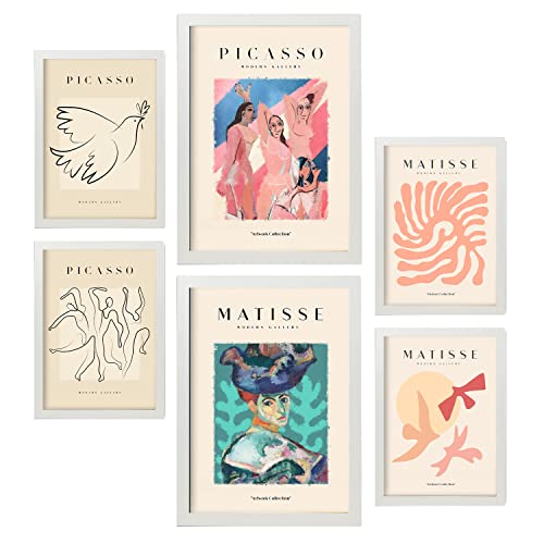 Nacnic Set mit 6 Postern von Picasso und Matisse. Körper. Drucke des Fauvismus und Surrealismus für Innenarchitektur und Dekoration. A3 & A4 weiße Rahmen.