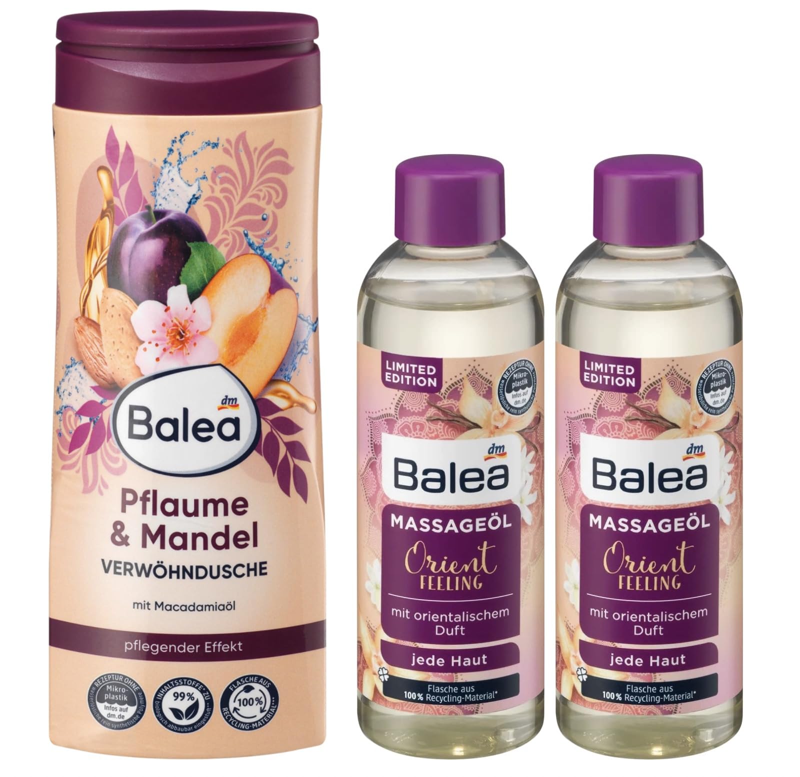 Balea 3er-Set Körperpflege: Duschgel PFLAUME & MANDEL pH-hautneutrale Verwöhndusche mit Macadamiaöl (300 ml) + Massageöl ORIENT FEELING mit Mandelöl für eine wohltuende Massage (2 x 100 ml) 500 ml