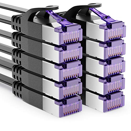 deleyCON 10x 2m RJ45 Patchkabel Flachkabel mit CAT7 Rohkabel Netzwerkkabel Ethernetkabel Slim U/FTP Gigabit Ethernet LAN Kabel - Schwarz