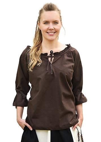 Battle-Merchant Mittelalter Bluse | LARP Bluse aus Baumwolle mit 3/4 Arm | Mittelalter Kleidung für Damen (L, Braun)