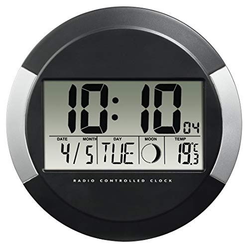 Hama Digitale Wanduhr mit Temperaturanzeige, "PP-245" (DCF Funkuhr mit Datum, Thermometer, Mondphasen, zum Aufstellen/Aufhängen, 17cm Durchmesser, rund) Digitaluhr, Baduhr silber/schwarz