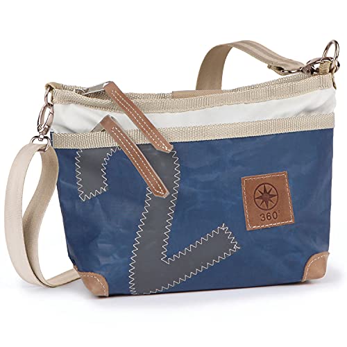 360° Grad Deern Lütt Umhänge-Tasche, Segeltuch-Tasche, Schulter-Tasche Damen, Crossover, blau weiß, Zahl grau, Gurt beige mit Karabinern, maritim, wetterfest