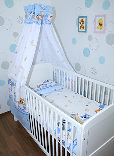 Primawela Baby Bettset Bettwäsche mit Himmel Vollstoff - Eule Blau - Bettausstattung Set (5 teilig)