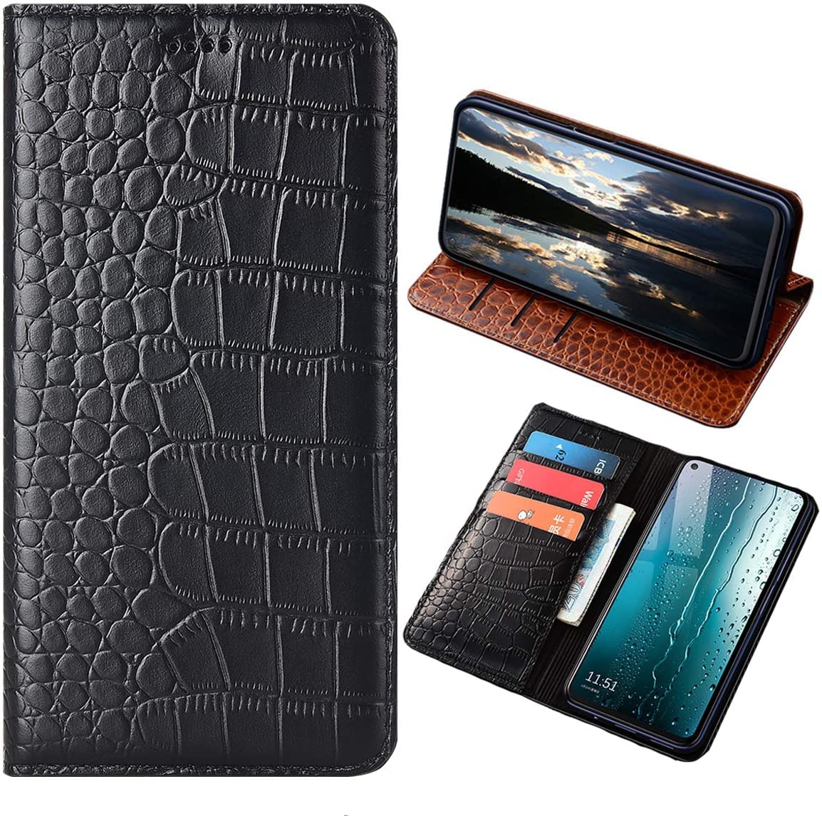 Für Samsung A6 2018 Leder Handyhülle, Luxus Krokodilstruktur Echtleder Flip Cover Case für Samsung Galaxy A6 2018 (5,6 Zoll) mit [Brieftasche] (Schwarz)