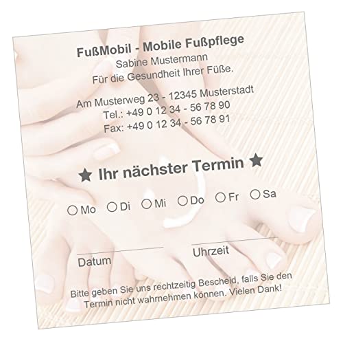 Terminzettel mit Ihrer Adresse personalisiert, inkl. praktischer Zettelbox mit Stiftehalter, 10 x 10 cm (Fußpflege #002) (1000)