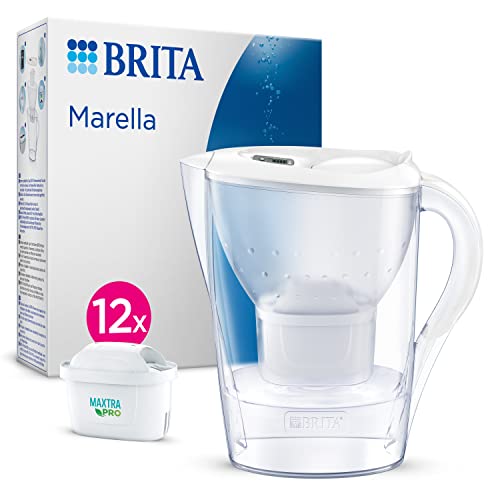 BRITA Wasserfilter-Kanne Marella weiß (2,4l) inkl. 12x MAXTRA PRO All-in-1 Kartusche (Jahresvorrat) – Filter zur Reduzierung von Kalk, Chlor, Blei, Kupfer & geschmacksstörenden Stoffen im Wasser