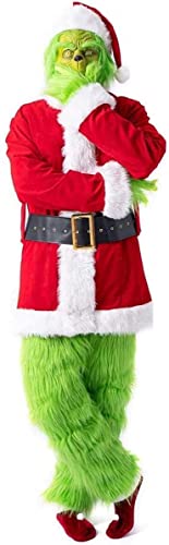 ZLYJ Flovey Grinch Cosplay Kostüm Grüne Maske Weihnachtsmütze Socke Komplettset Outfits Weihnachten Prop Red,L