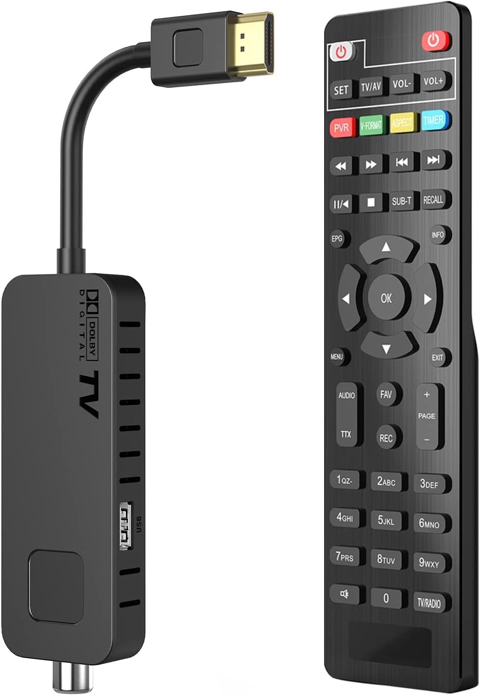 DVB-T2 Digitaler Decoder - HDMI TV Stick, Dolby Audio HD 1080P H265 HEVC Main 10 Bit/PVR inklusive 2in1 Universal-Fernbedienung Unterstützung USB WiFi Multimedia