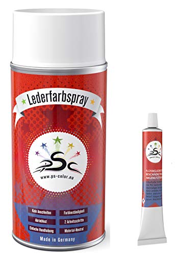 Set 2 : 150ml Lederfarbe Spray Weißaluminium RAL 9006 & PSC Flüssigleder 8gr Tube zum färben und Restaurieren von Ledersitzen, Lederschuhen & Anderen Lederartikeln