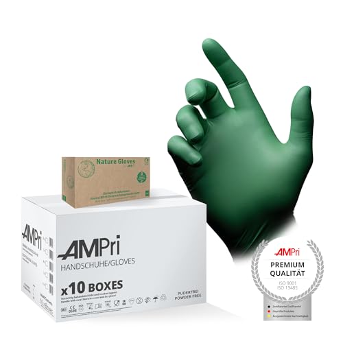 AMPri Biologisch abbaubare Nitrilhandschuhe, grün, 10 Box a 100 Stk, Größe L, puderfrei, Nature Gloves by Med-Comfort: Nitril Einmalhandschuhe in den Größen XS, S, M, L, XL erhältlich