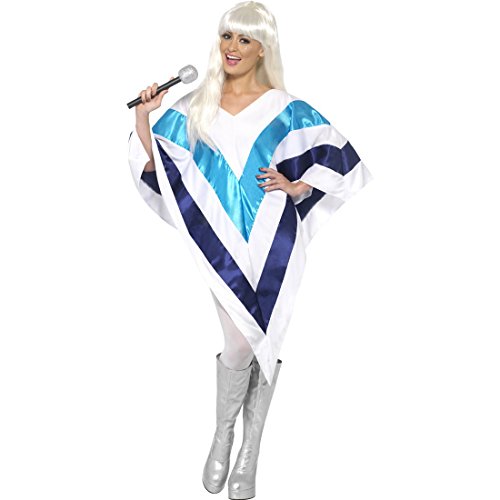 Amakando Damen Poncho für Schweden Schlagerkostüm Umhang blau-weiß Schlagerparty Cape Schlagermove 70er Jahre Damenumhang Mottoparty Outfit