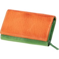 MIKA 42186 - Damengeldbörse aus Echt Leder, Portemonnaie im Querformat, Geldbeutel mit 12 Kartenfächer, Scheinfach und Münzfach mit Reißverschluss, Brieftasche in grün - orange, ca. 15,5 x 10 x 4 cm