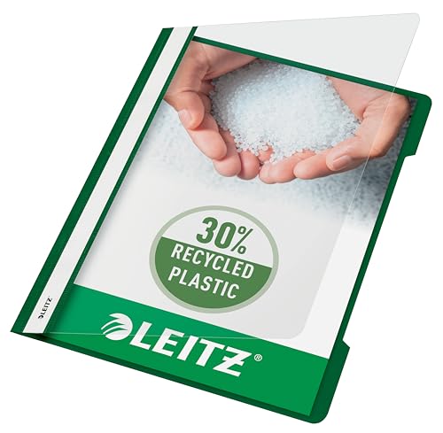 Leitz Schnellhefter A4, 25er Pack, Plastik-Hefter, Robuste PVC-Hartfolie, Transparenter Vorderdeckel, Grün, 41910055