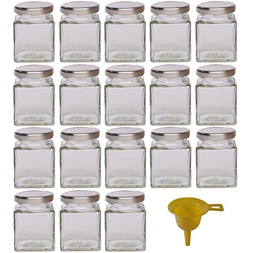 Viva Haushaltswaren - 18 x kleines Marmeladenglas / Gewürzglas 106 ml mit silberfarbenem Schraubverschluss, Gläser Set mit Deckel als Einmachgläser, Vorratsdose etc. verwendbar (inkl. Trichter)
