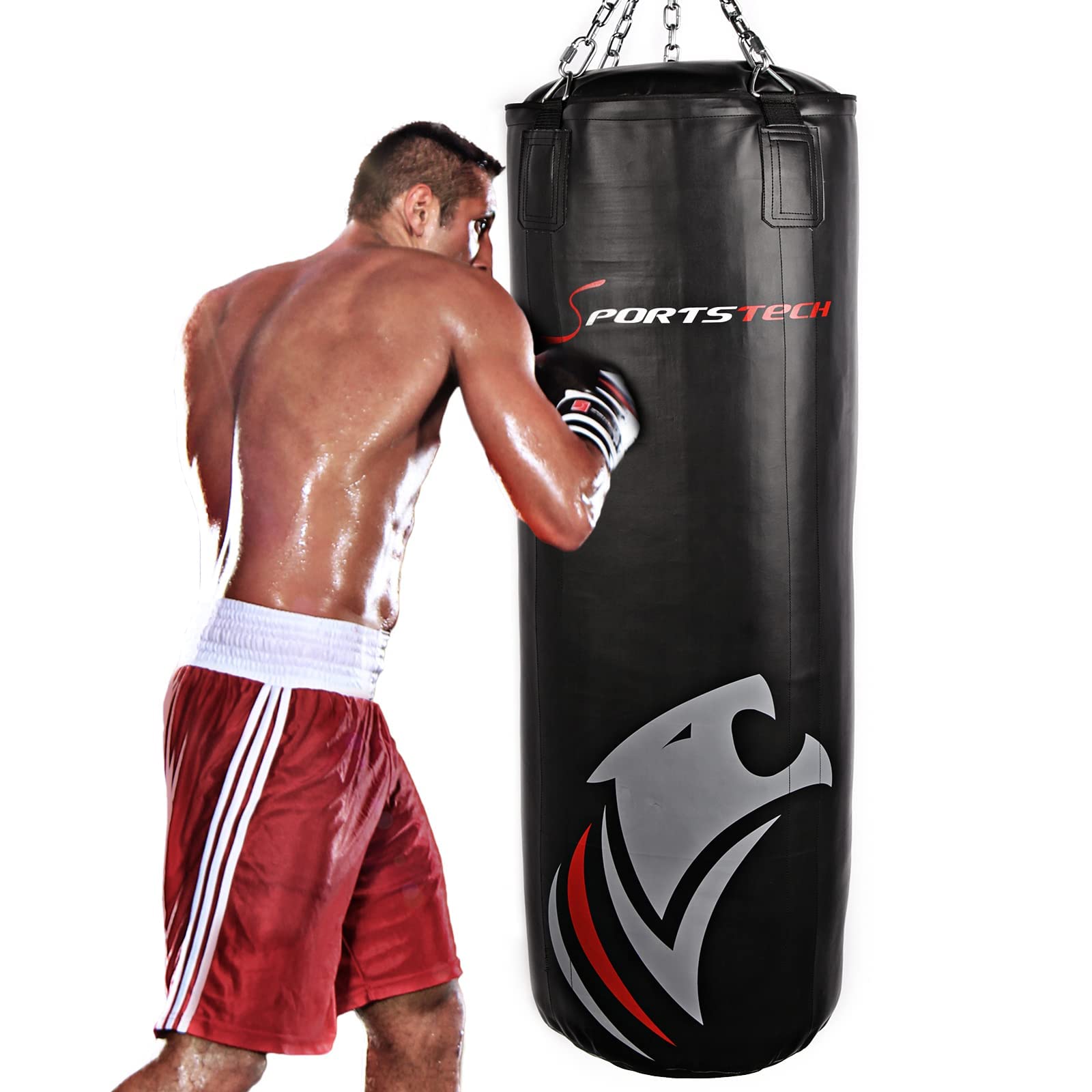 Sportstech Doppelverstärkter Kampfsport Boxsack mit 40 cm Durchmesser & mit Innovative Fünfpunkte-Stahlkette + Eigenentwickelter Haken