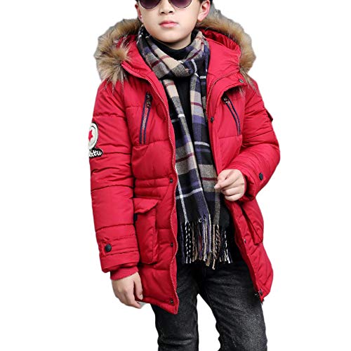 DAIHAN Jungen Jacke Mantel Warm Lang Parka Winterjacke Outwear Verdichte Wintermantel Oberbekleidung Rot 150CM