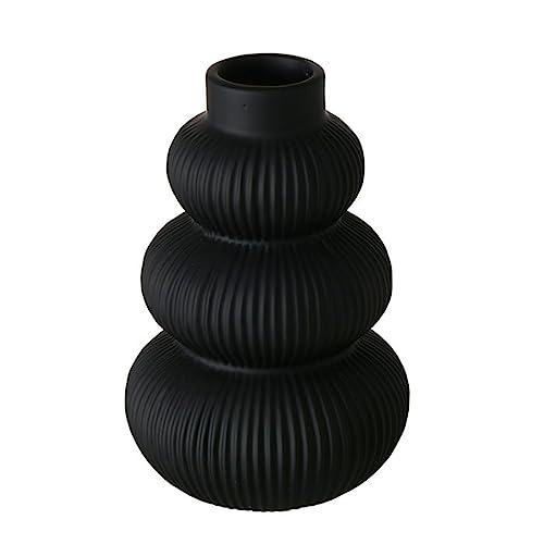 Blumenvase Schwarz Matt 21cm für Blumen Trockenblumen Pampasgras Boho Deko Rillenartige Verzierung aus Keramik Moderne Runde Vase