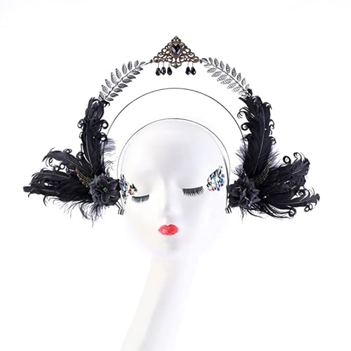 Oyrcvweuy Vintage Feder Strass Kreis Haarreifen Göttin Kopfschmuck Halo Göttin Haarband Kopf Reifen für Frauen Mädchen Stirnbänder