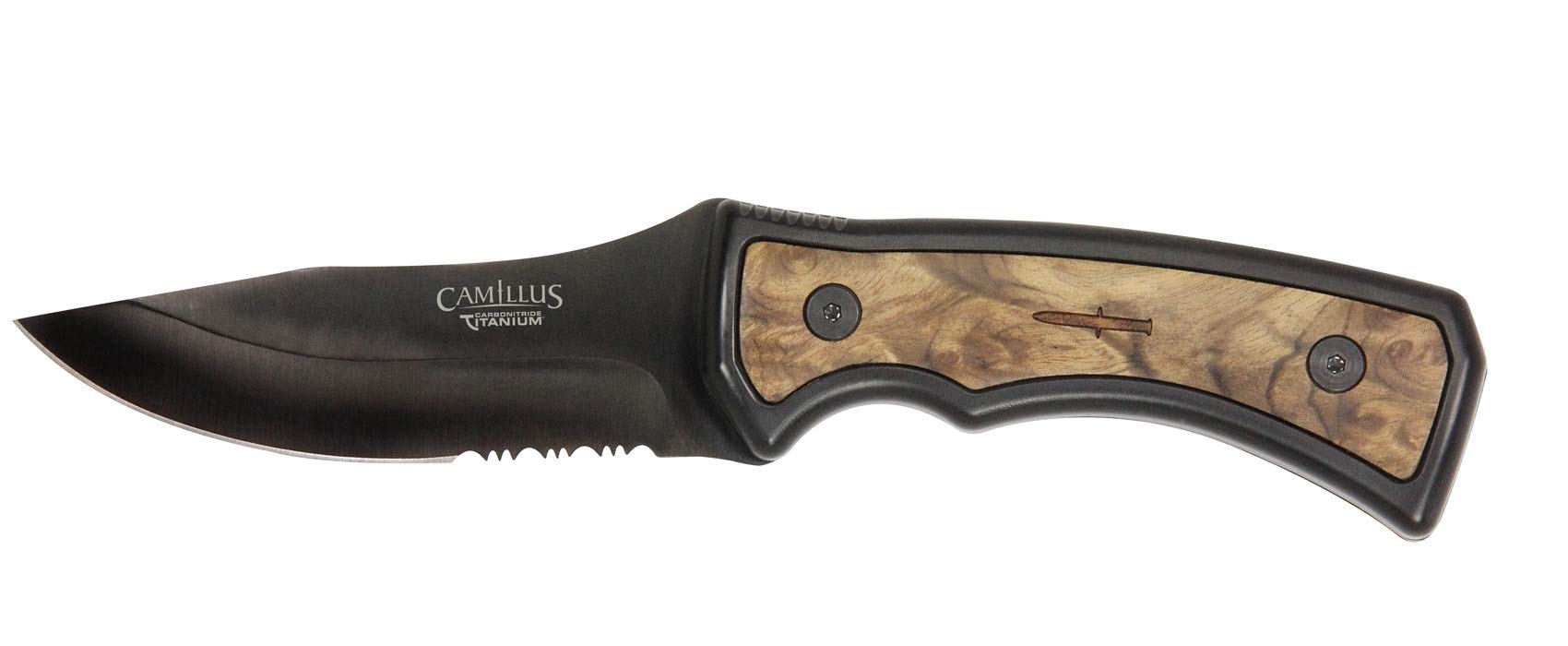 Camillus Mountaineer Messer, inklusive ballistischer Nylonscheide, 10,5 cm Carbonitride Titanium AUS-8 Stahlklinge, Wurzelholz/TPE Griff, schwarz, 23 cm