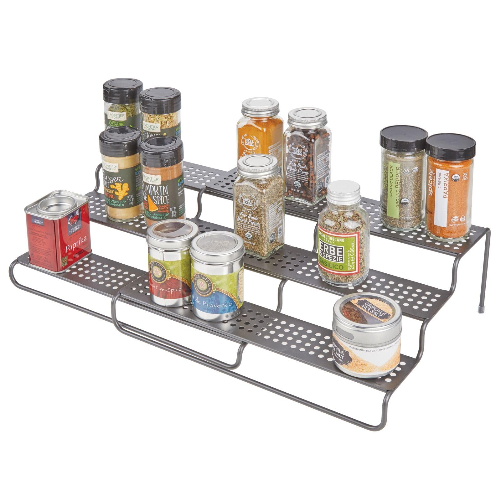 mDesign Gewürzregal für Küchenschrank – ausziehbares Küchenregal für Ordnung in der Küche – Gewürzständer mit drei Ebenen aus Metall – grau