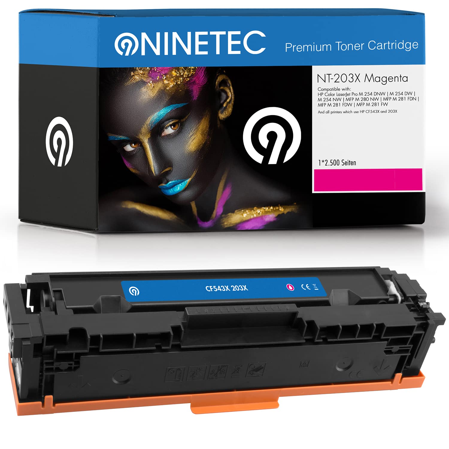 NINETEC NT-203X 1 Toner kompatibel mit HP CF543X CF-543X 203X Magenta 2.500 Seiten | Für Color Laserjet Pro m254dnw m254dw m254nw MFP m280nw m281fdn m281fdw m281fw