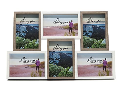 Smiling Art Bilderrahmen Fotorahmen Collage für 6 Fotos, Foto Collage aus MDF Holz mit Glas （Weiß+Dunkelbraun, 6x10x15 cm）