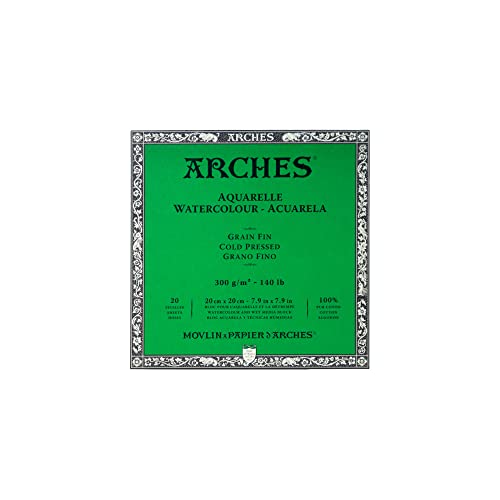 Arches 1795059 Aquarellpapier im Block (20 x 20 cm, 4-seitig geleimt, 300g/m² Feinkorn) 20 Blatt naturweiß
