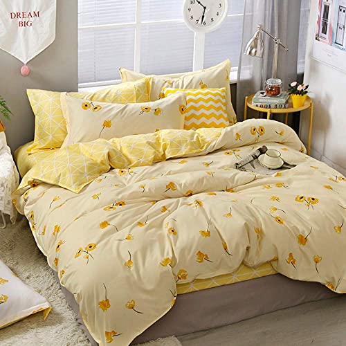 Botanischer Bettbezug 155x220 Gelbe Blumen und Gitter Blumengartenmuster Gedruckt auf weißem Bettwäscheset, Blossom Kawaii Reversible Kinderzimmer-Bettdecke für jugendlich Kleinkinder, leicht