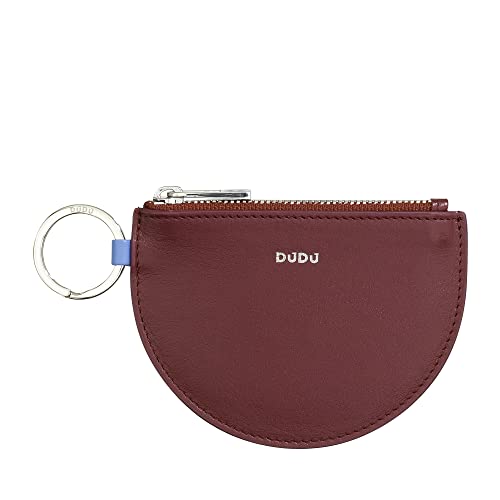 DUDU Damen Mini-Ledermünzgeldbörse mit Reißverschluss und Schlüsselanhänger im zweifarbigen Slim-Design Burgundy