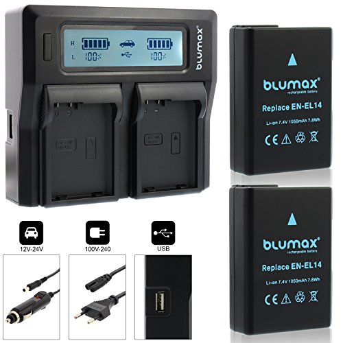 2x Blumax Akku für Nikon EN-EL14 / EN-EL14a 1050mAh + Doppelladegerät für EN-EL14 / EN-EL14a Dual Charger |kompatibel mit Nikon DF-D3100-D3200-D3300-D3400-D5200-D5300-D5400-D5500 | Coolpix P7000-P7100-P7700-P7800