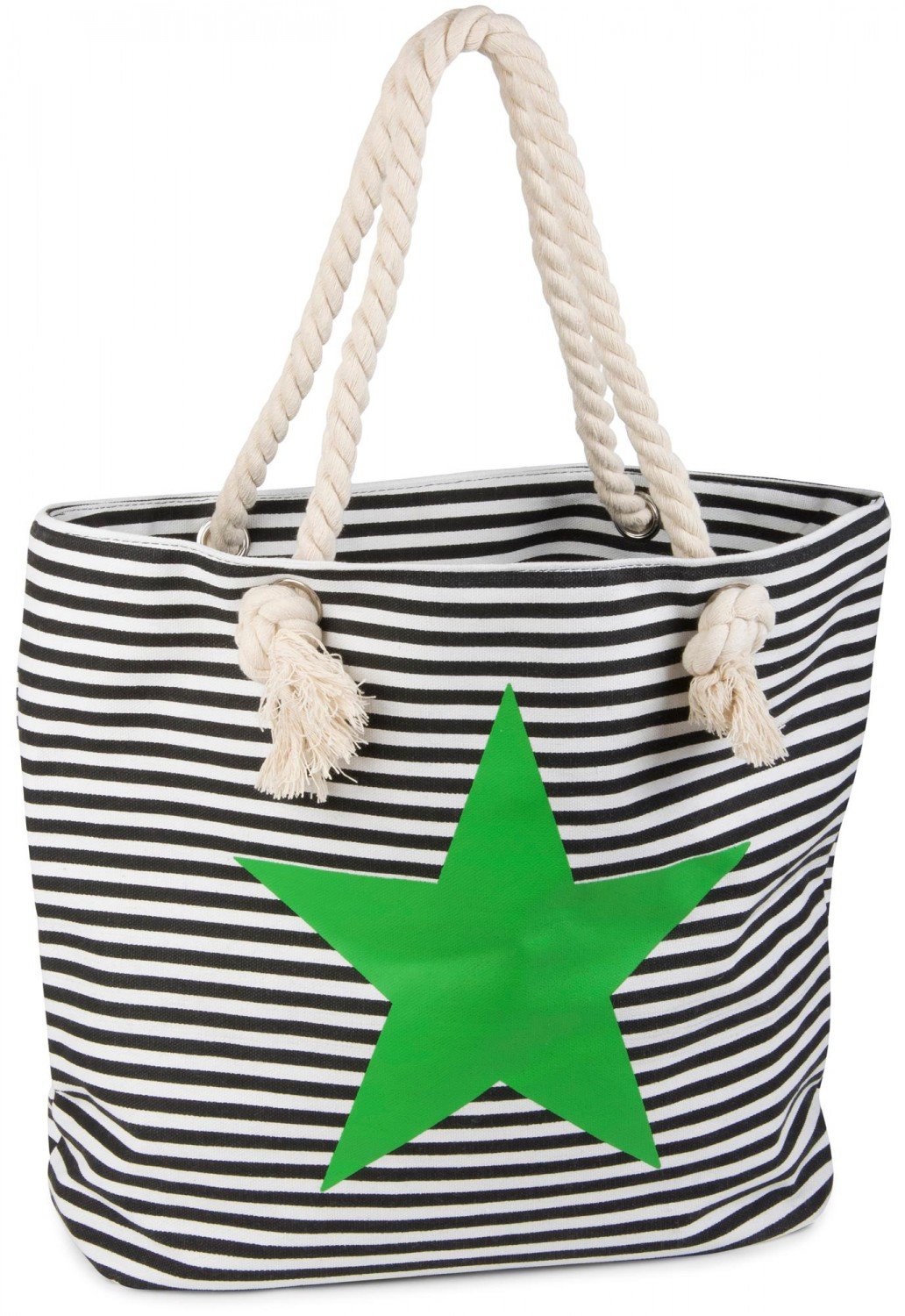 styleBREAKER Strandtasche in Streifen Optik mit Stern, Schultertasche, Shopper, Damen 02012037, Farbe:Schwarz-Weiß/Grün