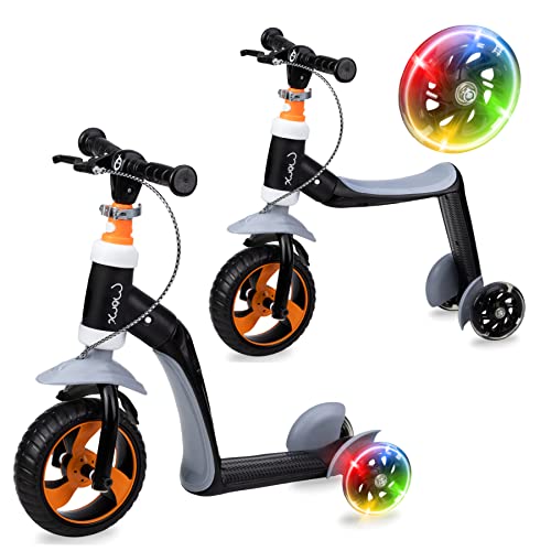 MoMi Fahrrad-Roller 2in1 ELIOS | Laufrad und Roller | Für Kinder bis 25 kg | Lenkradeinstellung | Leise Räder | Felgenbremse | Orange