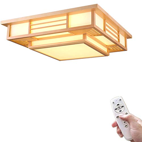 OUKANING Japanische Deckenleuchte mit Ferndedienung - Tatami Lampe Dimmbar Deckenlampe Protokolle Deckenlampen aus Holz Wohnzimmerlampe(45x45cm,Dimmbar mit Fernbedienung)