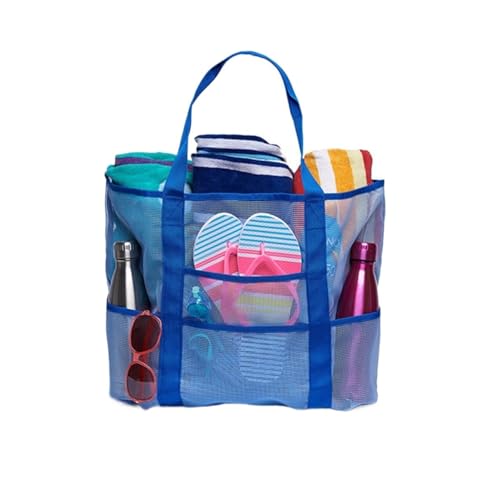 Faltbare Leichte Mesh Strandtasche Korb 8 Taschen Sommer Große Strandtasche Für Handtücher Mesh Durable Beachtasche für Spielzeug Wasserdichte Unterwäsche Tasche Strand Tasche (Color : Blue)