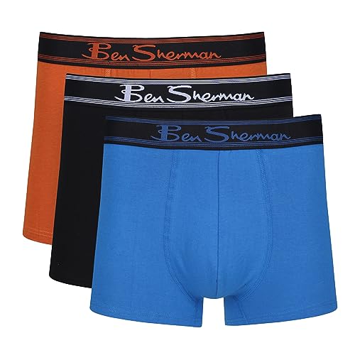 Ben Sherman Herren Men's Boxer Shorts in Blue/Black/Orange | Soft Touch Cotton Trunks with Elasticated Waistband Boxershorts, Blue/Black/Orange,