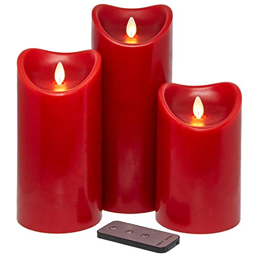 Tronje LED Echtwachskerzen 3er Set mit Timer u. Fernbedienung 15/19/23cm Kerzen mit beweglicher Flamme 1000 Std. Leuchtdauer Rot