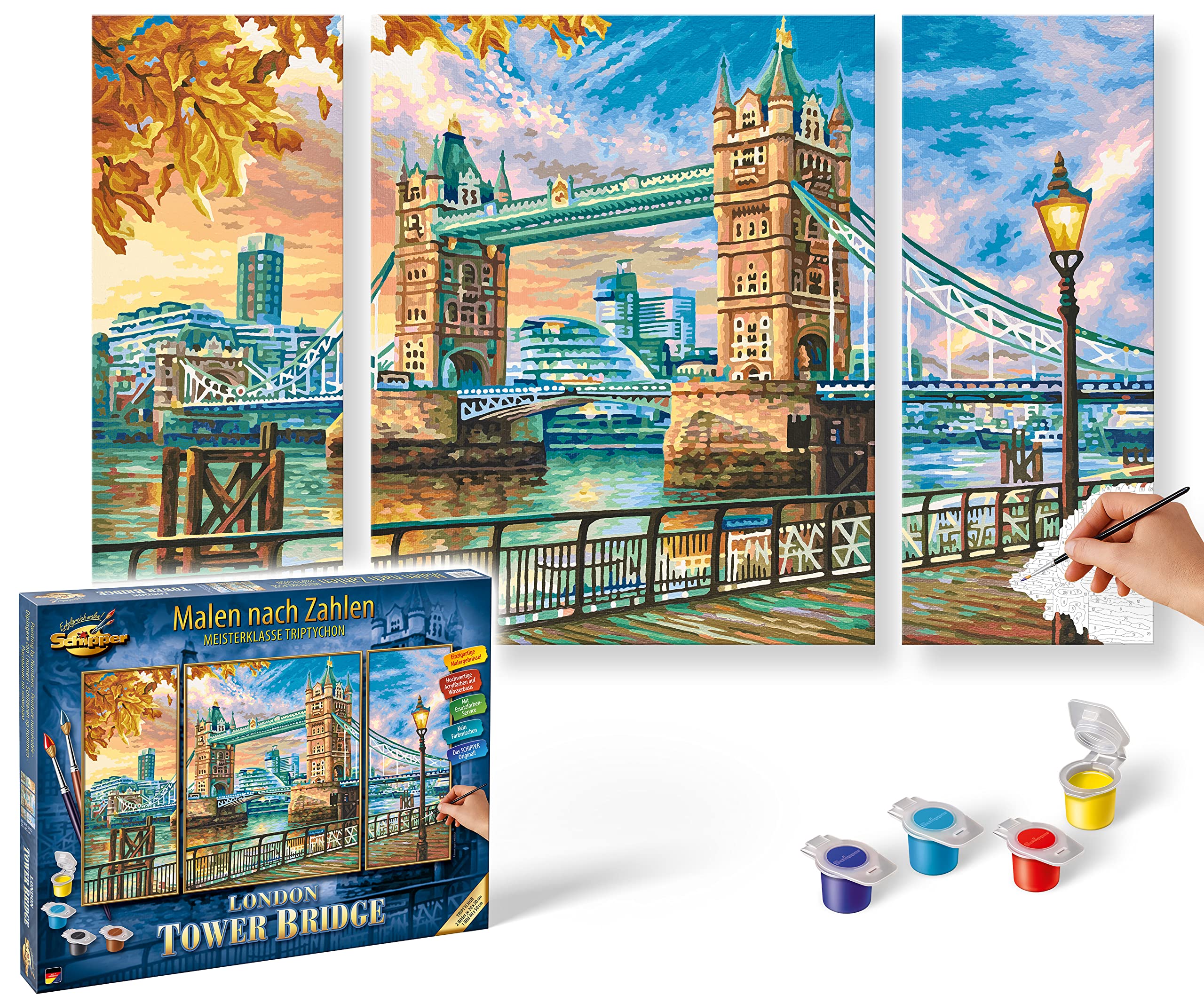 Schipper 609260752 Malen nach Zahlen - London Tower Bridge - Bilder malen für Erwachsene, inklusive Pinsel und Acrylfarben, Triptychon, 50 x 80 cm