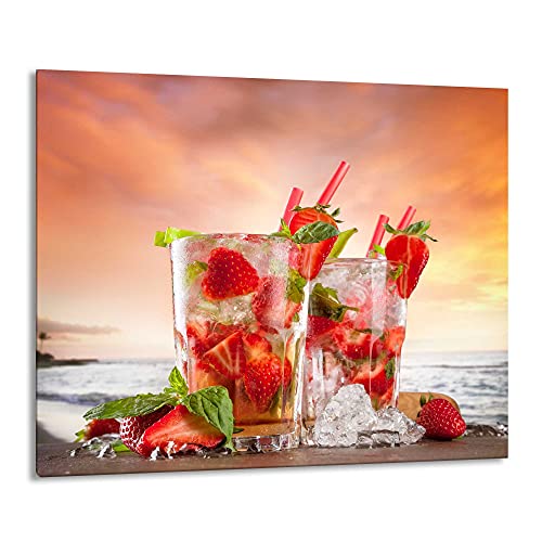 Gsmarkt | Herdabdeckplatte Schneidebrett Spritzschutz 60x52 | Bild auf Glas | Sicherheitsglas Gehärtetes Glas Bild | Motiv Erdbeere