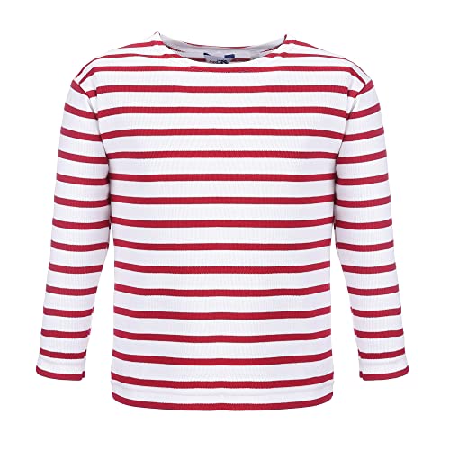 modAS Bretonisches Shirt für Kinder - Longsleeve Pullover Langarm Shirt mit Streifen Mädchen Jungen aus Baumwolle in Weiß/Rot Größe 140