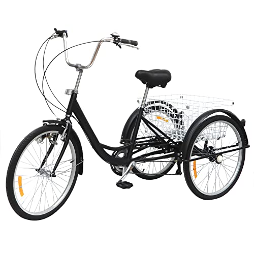 Salmeee 24 Zoll Erwachsene Dreirad, 6-Gang 3 Räder Schwarz Dreirad mit Einkaufskorb, Citybike-Dreirad SitzhöHe Verstellbar für Erholung, Einkaufen, Picknicks, Reisen