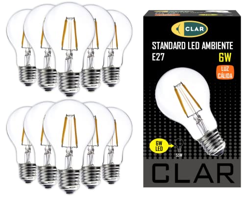 CLAR - LED-Glühbirnen E27 Warm Light 6W, Vintage E27 LED-Glühbirne, Edison-Glühbirne (Fettsockel) Äquivalent zu 40W-60W, 6W Warmweiß 2700ºK (Pack 10)