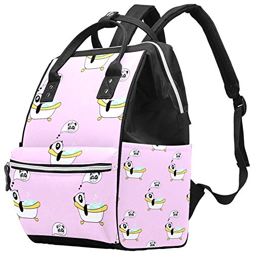 Multifunktionale große Baby-Wickeltasche, Rucksack mit isolierter Wasserflaschen-Tasche, Reiserucksack für Mama und Papa, niedliche Pandas in der Badewanne