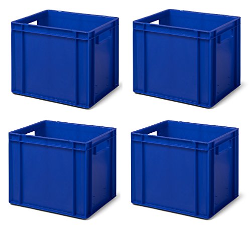 4 Stk. Transport-Stapelkasten TK432-0, blau, 400x300x320 mm (LxBxH), aus PP, Volumen: 29 Liter, Traglast: 45 kg, lebensmittelecht, made in Germany, Industriequalität