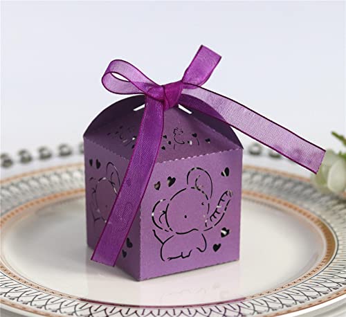 Geschenkbox, Verpackung, Hochzeitsbevorzugungsschachteln aus Papier, for Süßigkeiten, Süßigkeiten, Elefanten, hohle Geschenkbox for Hochzeit, Babyparty, Weihnachtsfeier, 50 Stück (Color : Purple)
