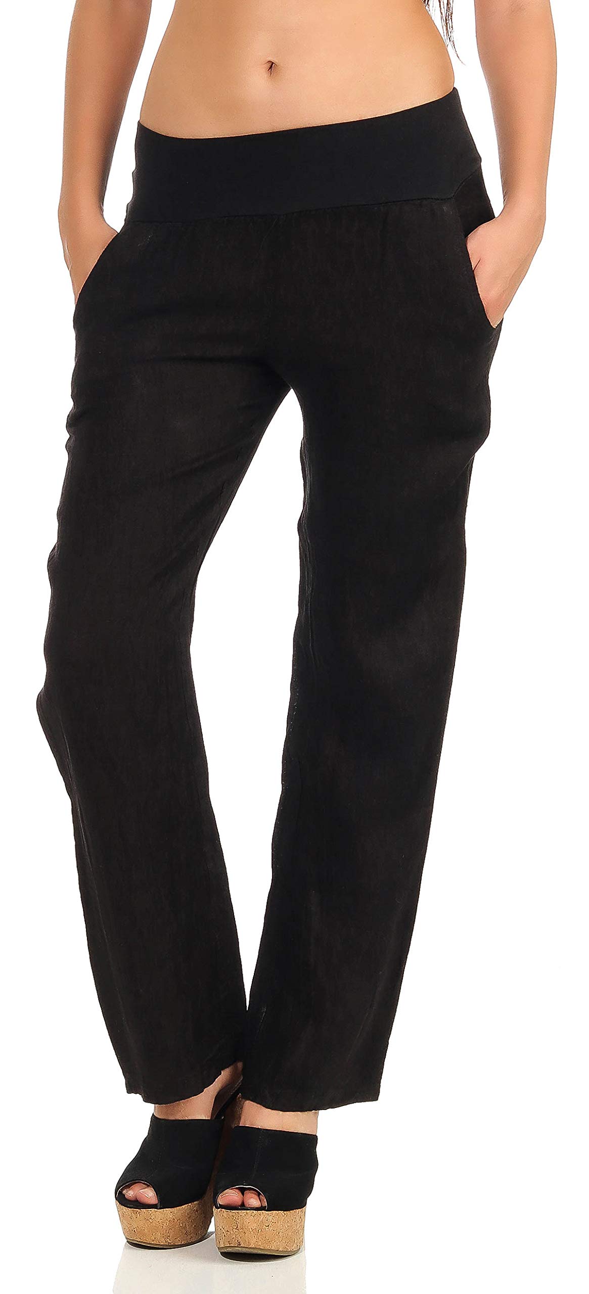 Malito Damen Hose aus Leinen | Stoffhose in Uni Farben | Freizeithose für den Strand | Chino - Jogginghose 7792 (schwarz, XL)